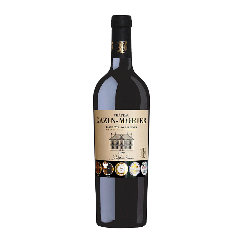 Bottle of Ch&acirc;teau Gazin-Morier 2022 Blaye C&ocirc;tes de Bordeaux red wine.